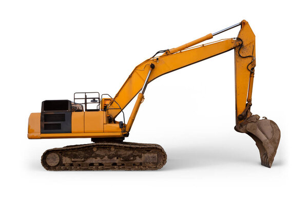excavator construction site earth mover heavy digger shovel yellow equipment isolated on white background