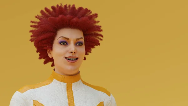 Ekscentryczna Kobieta Uśmiechnięta Czerwone Włosy Dredy Niebieski Tworzą Żółte Tło — Zdjęcie stockowe