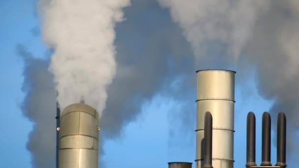 Fumée sur ciel bleu, pollution industrielle par cheminée — Video