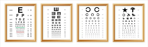 Eyes test charts with latin letters isolated on background. Art design medical poster with sign in golden frame. Concept graphic element for ophthalmic test for visual examination. — Stock Vector