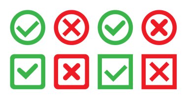 Büyük bir dizi düz düğme: yeşil kontrol işaretleri ve kırmızı haçlar. Çember ve kare, sert ve yuvarlak köşeler.