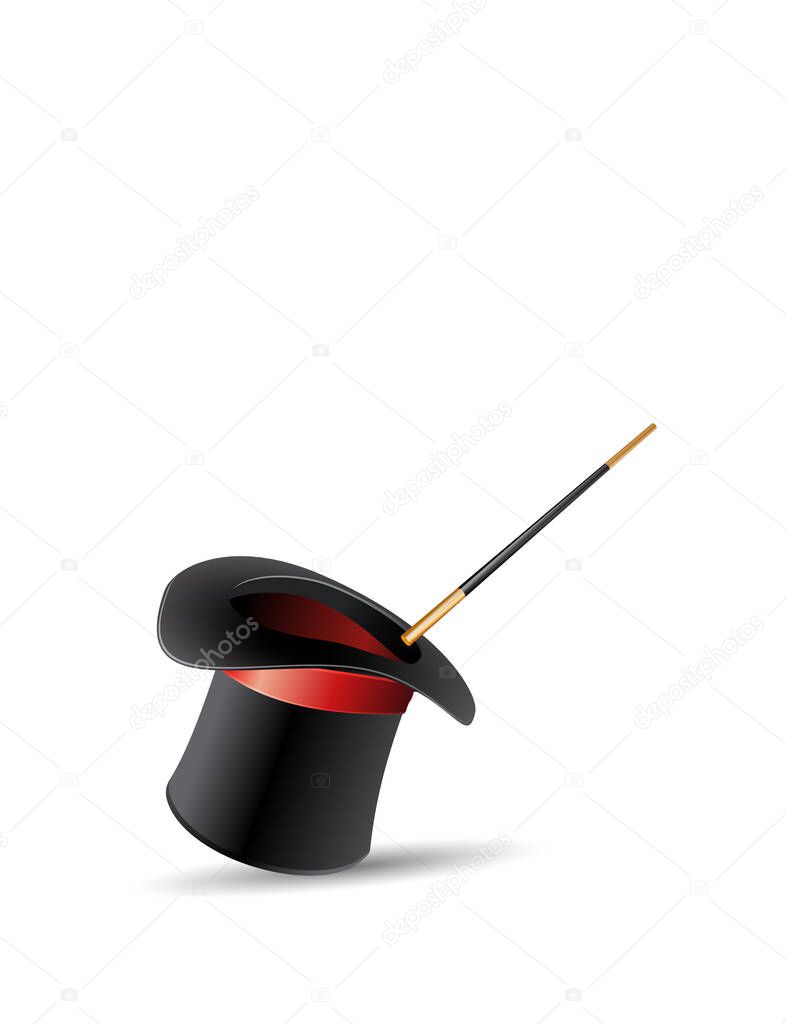 Magic hat and wand with sparkles. Magical stars glow. Vector illustration realistic design. Isolated on white background.