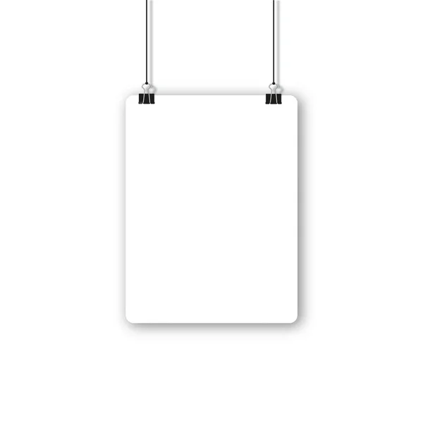 Blank poster hanging on a binder clips. A4 white paper sheet hangs on a rope with clips. — Stock Vector