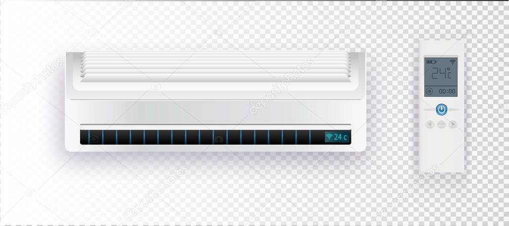 Climate system with vector illustration of air conditioner. Vector air conditioner on transparent background.