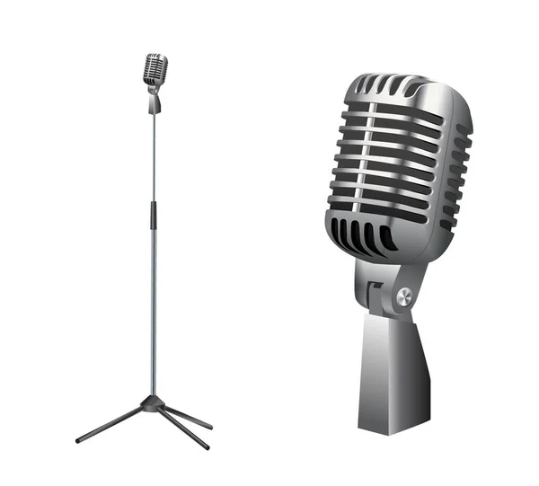 Mikrofoner. Musik studio diverse utrustning mikrofon vektor realistiska fotografier av vintage stil mikrofoner isolerade. — Stock vektor