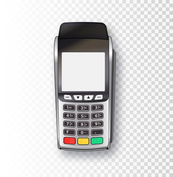 Machine de paiement. Vecteur réaliste argent 3d machine de paiement. Terminal PDV avec reçu de fermeture isolé. Terminal de paiement bancaire — Image vectorielle