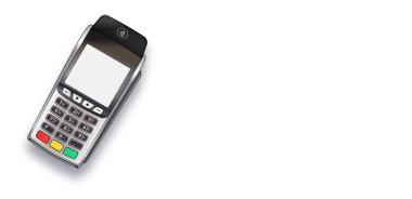 Ödeme makinesi. POS terminal ödeme terminali tasarım şablonu, Mockup. Vektör Gerçekçi Gümüş beyaz arkaplanda izole edildi