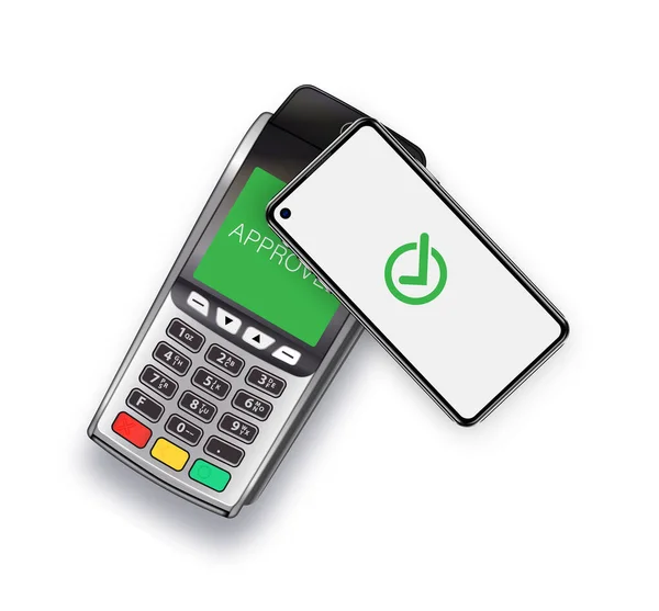 Contactloze betaling voor goederen. Betaling voor aankopen met een mobiele telefoon. Betaalterminal en smartphone. E-handel en bedrijfsleven. — Stockvector