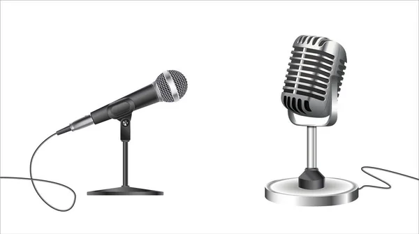 Mikrofoner. Musik studio diverse utrustning mikrofon vektor realistiska fotografier av vintage stil mikrofoner isolerade. — Stock vektor