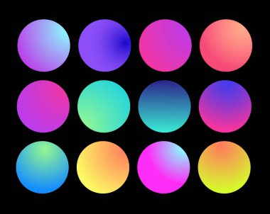 Holografik degrade küre yuvarlak. Çok renkli yeşil mor sarı turuncu pembe mavi sıvı degradeler, düğmeler veya canlı renkler küreler düz ayarlamak yuvarlak renkli yumuşak daire.