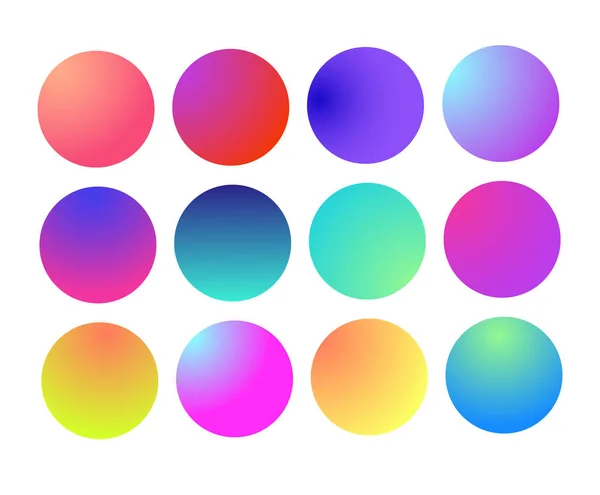 Округла голографічна градієнтна сфера. Різнокольоровий зелений фіолетовий жовтий помаранчевий рожевий блакитний рідина коло градієнти, барвисті м'які круглі кнопки або яскравий колір сфери плоский набір . — стоковий вектор