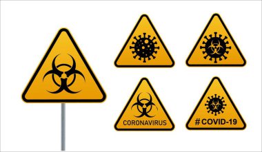 Bir üçgende koronavirüs uyarı işareti ve bant vektör illüstrasyonu uyarısı. Avrupa 'da Coronavirus. Çin virüsü salgını. COVID-2019 küresel salgını. Vektör yanılsaması EPS 10