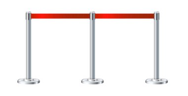 Geri çekilebilir kemer askısı. Taşınabilir bant engeli. Eskrim için bürokrasi. Gümüş destekli kırmızı halı ve kırmızı halı. Özel bir etkinlik, film galası, gala konseri, ödül töreni. Vektör illüstrasyonu.