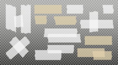 İskoç bandı. Yapışkan kağıt bant. Yapışkan şeffaf yapışkan şerit. Kolaj için çıkartma, fotoğraf notlarını düzeltme. Vektör illüstrasyonu