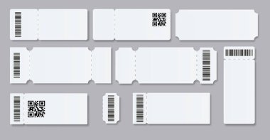 Bilet boş şablon. Konser salonu boş beyaz biletleri piyango kuponlarıyla dolduruyor. Vektör illüstrasyonu