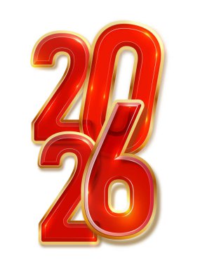 Golden red 2026 digits with glitter shine. Happy New Year banner with festive sparkle. Vector background.