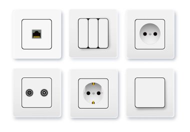 Realistic socket and switch. Interior wall outlets or electric connectors. Switches and sockets set Different square types. Vector illustration