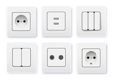 Realistic socket and switch. Interior wall outlets or electric connectors. Switches and sockets set Different square types. Vector illustration