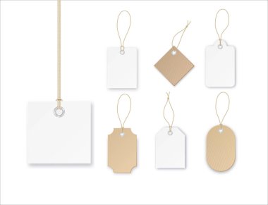 İpli etiketler ya da satış vektör alışveriş etiketleri. Beyaz kağıt ve kahverengi kraft gerçekçi malzeme. Düz tasarım izole
