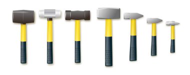 Fiberglas saplı marangoz çekici seti. Vektör endüstriyel işçiler aracı. Tamir, sözleşme ve çilingir malzemeleri. vektör.