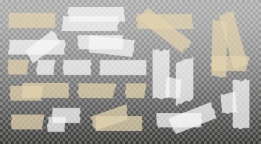 İskoç bandı. Yapışkan kağıt bant. Yapışkan şeffaf yapışkan şerit. Kolaj için çıkartma, fotoğraf notlarını düzeltme. Vektör illüstrasyonu