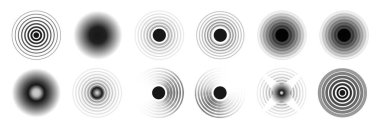 Siyah eşmerkezli daire. Sonar ses dalgası yüzük koleksiyonu. Noktalı ve doğrusal merkez üssü konsepti. Radyal dalgalanma elementleri. Vektör illüstrasyonu