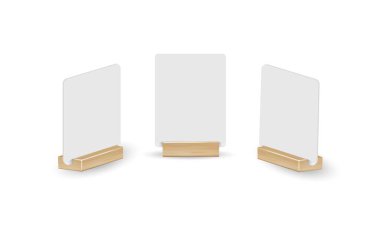 Kart masası menü sahibi stand-up. Kağıt el ilanı şablonu oluşturur. Organizasyon ahşap çerçeve. Restoran etiketi. Vektör illüstrasyonu