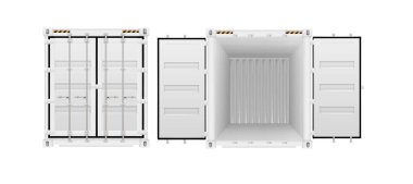 Kargo konteynerleri açık ve kapalı kapılar ardında gerçekçidir. Depo ve ulaşım için çelik kargo kutuları. Vektör gemisi çizimi.