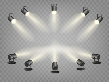 Sahne ışıkları, sahne ve stüdyo ışıkları, gerçekçi asılı lambalar. Konser için spot ışıkları ve projektörler. Vektör illüstrasyonu