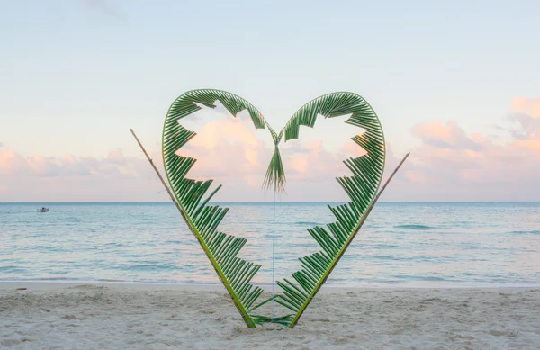 Sahilde bir kalp şeklini içine bağlı palmiye dalları.