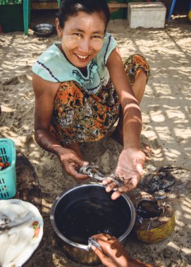 Myanmar kadın kalamar hazırlanıyor