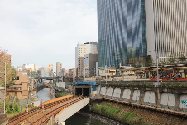 Los trenes pasan sobre el río Kanda — Foto de Stock