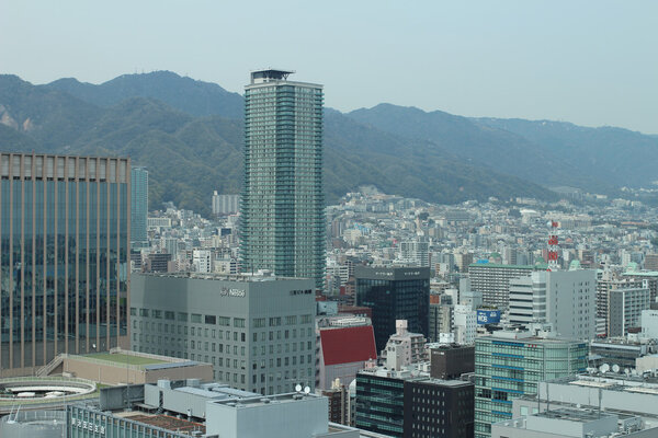 Aerial view of the Shin-Kobe district in Downtown Kobe, Japan