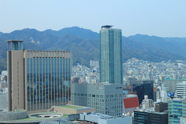 Aerial view of the Shin-Kobe district in Downtown Kobe, Japan