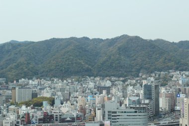 Şehir merkezinde Kobe Shin-Kobe bölgede havadan görünümü