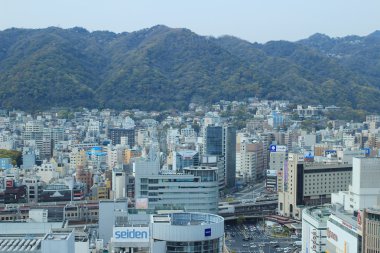 Şehir merkezinde Kobe Shin-Kobe bölgede havadan görünümü