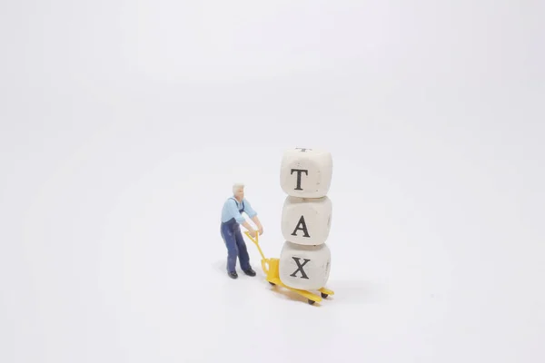 Mini Pessoas Trabalhador Empilhadeira Palavra Madeira Com Tax — Fotografia de Stock