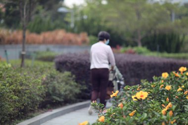 Sonbahar parkında yürüyen yaşlılar, hk