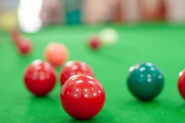 21 Oct 2006 Close up of pool billiards snooker balls on green table with setup position.