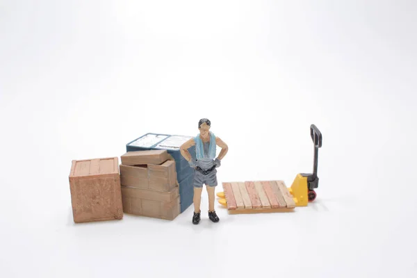 Mini Figura Mulher Usando Mão Pallet Truck — Fotografia de Stock