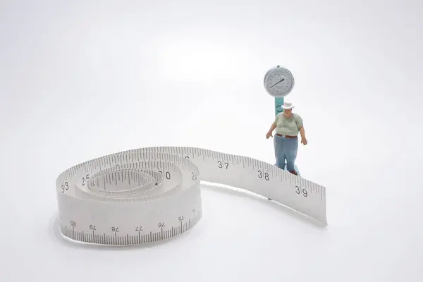 Man Measures His Fat Belly Measuring Tape — Stock Photo, Image