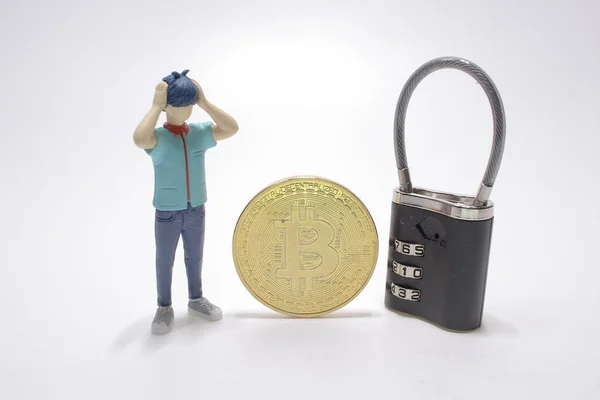 Lost Password Bit Coin Figura Czuje Się Zaniepokojony — Zdjęcie stockowe