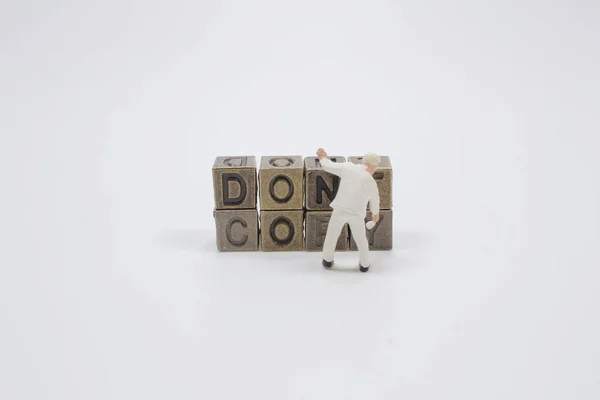 Mini People Construction Worker Wood Word Team — Stock Photo, Image