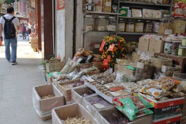 Dried fish and seafood street market stores in Sai Wan, 20 Feb 2021 