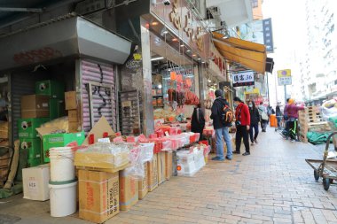 11 Mart 2021 Sai Wan 'da kurutulmuş deniz ürünleri satan geleneksel bir dükkan.