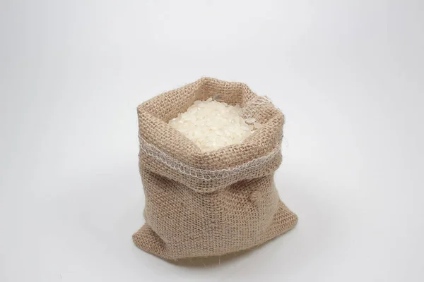 White Rice Burlap Sack Bag Isolated White Background — Stock Photo, Image