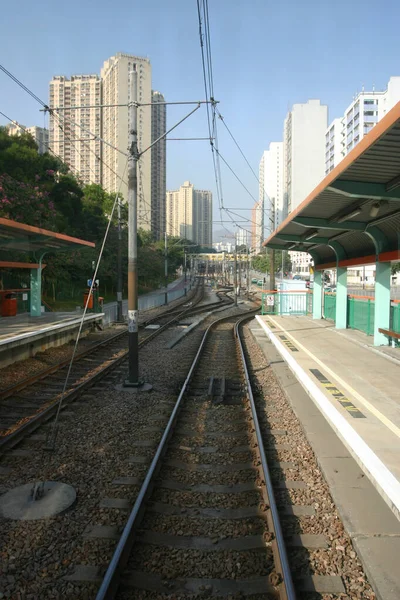 Vista Las Vías Del Ferrocarril Hong Kong Durante Día Distrito —  Fotos de Stock