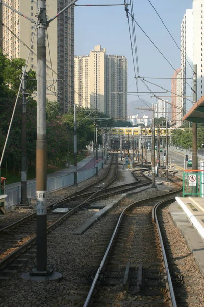 Vista Las Vías Del Ferrocarril Hong Kong Durante Día Distrito — Foto de Stock