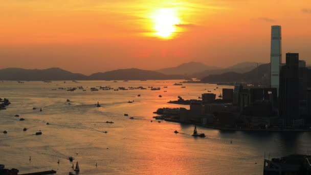 Moving Boats Victoria Harbor Illuminated Orange Sunset Light — Stock Video