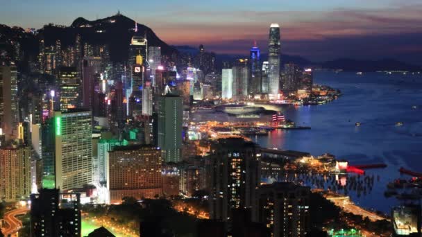 Illuminated Modern City Buildings Sunset Sky July 2021 Hong Kong — Stock Video